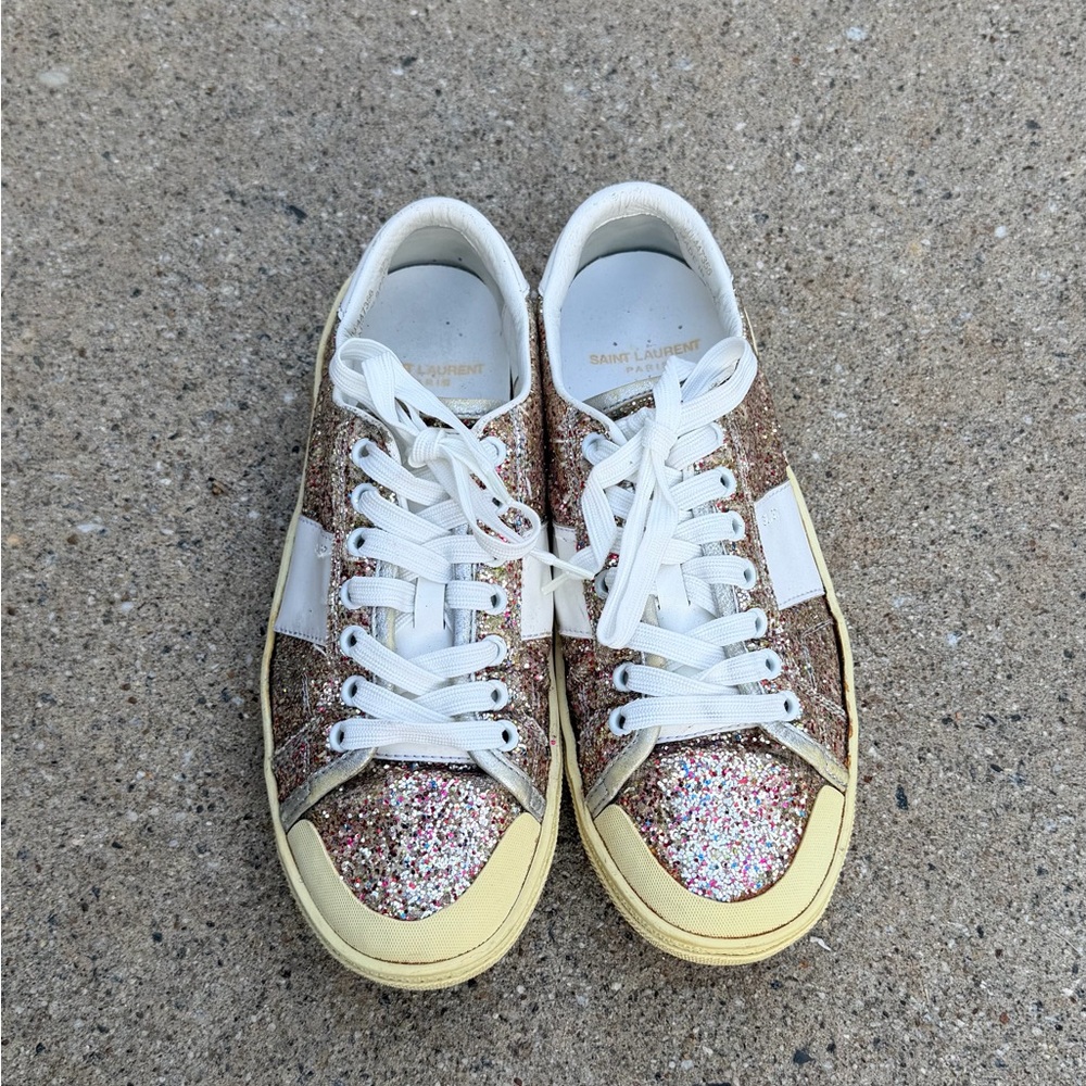 Saint Laurent Classic Court Glitter Leather Low-Top Sneaker - Picture 3 of 8